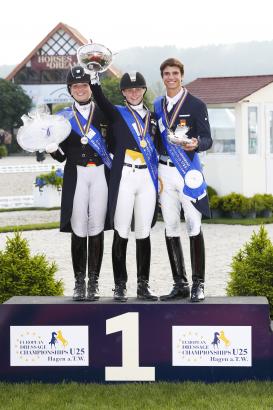 Foto: "European Indiviaual Champions U25": v.l. Florine Kienbaum, Sanneke Rothenberger und Juan Matute Guimon - Fotograf: Thomas Hellann