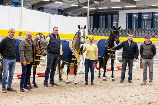 Foto: Die Abteilungssieger der Dreijährigen: Cantaloop PJ, Die Lieselotte und Diacoco KHR mit Alois Pollmann-Schweckhorst, Jan Crome-Sperling, Jenny Meyer und Karl-Henning Rollwage (v.l.n.r.) - Fotograf: Hannoveraner Verband