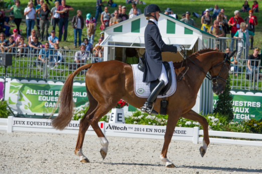 Sandra Auffarth (GER) and Opgun Louvo, members of the leading German Eventing team, power into the lead after the Dressage phase in the Alltech FEI World Equestrian Games™ 2014 at Haras du Pin (FRA) (Trevor Holt/FEI) 