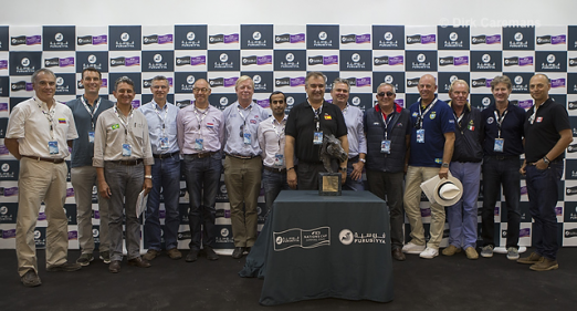 Spain’s Marco Fuste (centre) is joined by the 13 other Chef d’Equipes whose teams will line out tomorrow at the Real Club de Polo in Barcelona, Spain when the Furusiyya FEI Nations Cup™ Jumping Final 2014 gets underway. (FEI/Dirk Caremans) 