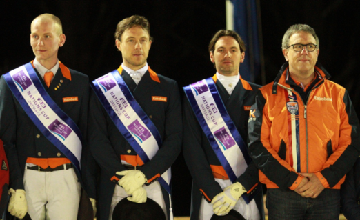 The Dutch team of Diederik van Silfhout, Laurens van Lieren and Tommie Visser pictured with Chef d’Equipe Wim Ernes following victory at the second leg of the FEI Nations Cup™ Dressage 2014 pilot series at Vidauban, France. The Netherlands went on to win the series title for the second successive season. (FEI/Rui Pedro Godinho) 