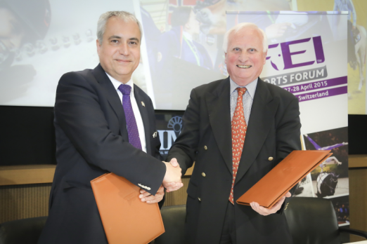 FEI President Ingmar De Vos (left) is pictured with Dr Hanfried Haring, President of the European Equestrian Federation, following the signing of the Memorandum of Understanding at the FEI Sports Forum 2015 held at the IMD in Lausanne, Switzerland. (FEI/Germain Arias-Schreiber) 