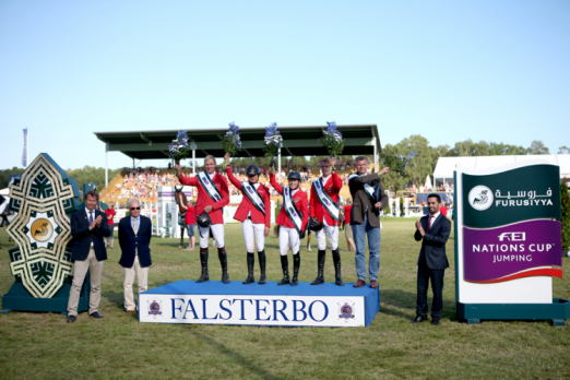 Team Germany won the sixth leg of the Furusiyya FEI Nations Cup™ Jumping Europe Division 1 League at Falsterbo. Sweden today: (L to R) Andre Thieme, Katrin Eckermann, Meredith Michaels-Beerbaum, Patrick Stuehlmeyer and Chef d’Equipe Otto Becker. Left of podium - Anders Mellberg, President Swedish NF and Jan Olaf Wannius, President Falsterbo Horse Show. Right of podium - Mr Adil Alfwzan, Deputy Chargé d’Affaires Saudi Arabian Embassy in Sweden. Photo: FEI/Roland Thunholm.