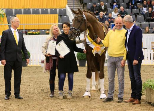 Foto: Sensationeller Preis für den Prämienhengst v. Vivaldi/Dancier. Über 2.010.000 Euro freuten sich Hans-Henning von der Decken, Ulrike Buurman, Rosemarie Kemper, Arnd Schwierking und Ernst Kemper (v.l.n.r.) - Fotograf: Hannoveraner Verband/Tammo Ernst