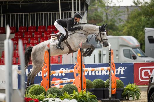 Foto: Der für die RSG Niederrhein startende Belgier Laurens Houben und seine westfälische Clarimao-Tochter Clarella gehörten am Donnerstag zu den 37 Paaren, die die erste Qualifikation der Fünfjährigen strafpunktfrei beendeten - Fotograf: Leonie Minten