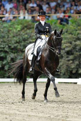 Foto: Gestütschefin Petra Wilm mit dem Trakehner Hengst King Arthur im Sport. Auch er wird am Samstag vorgestellt - Fotograf: Stefan Lafrentz
