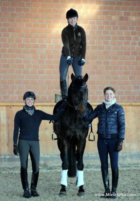 Foto: Das Team um Jill Mieleszko-Vekens (rechts) freut sich auf viele Zuschauer. Rebekka Rösler auf Real Grandios, Claudia Arnold (links)ist gespannt auf ihre erste Hengstschauteilnahme in Paderborn, seit Januar ist sie in Paderborn aktiv.