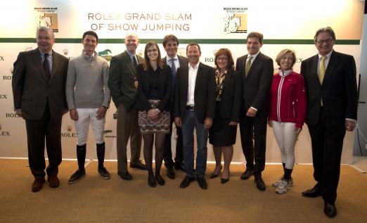 Foto: v.l. AlbanPoudret (CSI Geneva), Steve Guerdat, Ian Allison (CSIO Spruce Meadows), Sophie Mottu Morel (CSI Geneva), Arnaud Boetsch (Director of Communication and Image Rolex), Eric Lamaze, Linda Southern- Heathcott (CSIO Spruce Meadows), Michael Mronz (CHIO Aachen/President of the steering committee for the Rolex Grand Slam of Show Jumping), Meredith Michaels-Beerbaum, Frank Kemperman (CHIO Aachen/Chairman Managing Board) - Fotograf: Rolex Grand Slam/Kit Houghton 