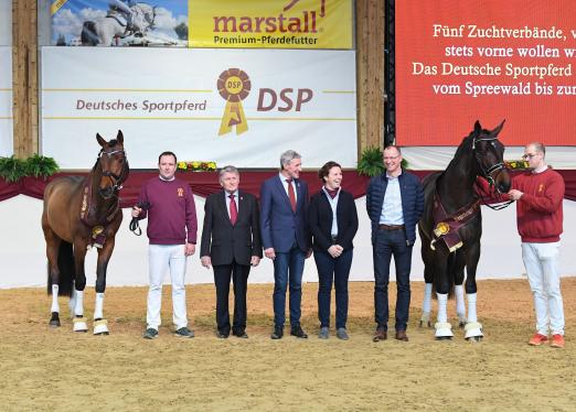 Foto: Springsieger von Diarado, Vorbereiter Stefan Holtwiesche, AGS-Vorsitzender Karl-Heinz Bange und sein Stellvertreter Matthias Tanz, Zuchtleiterin und Körkommissarin Cornelia Back, Franz Winklmaier (Züchter des Siegerhengstes Dressur, Dressursieger von Dante Weltino und dessen Vorbereiter Sebastian Horler - Fotograf: Fischer