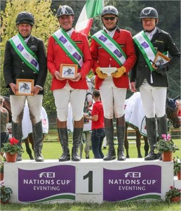 Photo Caption: (left to right) Team Germany’s Robert Sirch, Jörg Kurbel, Bodo Battenberg and Wolf Dieter-Eckl scored the victory in Montelibretti (ITA) at the weekend to put Germany back in the lead of the FEI Nations Cup™ Eventing 2014. All eyes are now on the final two legs of the series in Waregem (BEL) this coming weekend and Boekelo (NED) on 9-12 October. (Massimo Argenziano/FEI)