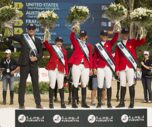 Team USA won the Challenge Cup at the Furusiyya FEI Nations Cup™ Jumping Final 2014 in Barcelona, Spain today (L to R) Chef d'Equipe Robert Ridland with Margie Engle, Beezie Madden, Lauren Hough and McLain Ward. (FEI/Dirk Caremans) 