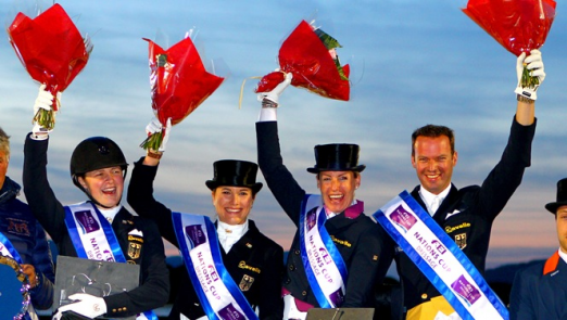 Team Germany won the opening leg of the FEI Nations Cup™ Dressage 2015 pilot series at Vidauban, France - (L to R) Sanneke Rothenberger, Victoria Michalke, Bernadette Brune and Thomas Wagner. (FEI/Pierre Costabadie)