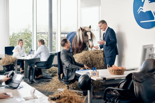 Foto: Axel Milkau (links im Vordergrund) und Knud Maywald (rechts), der CLASSICO und die Öffentliche, durch die Pferde verbunden – in diesem Fall durch Pferd Mentor - Fotograf: Sebastian Dorbrietz / MOODMOOD