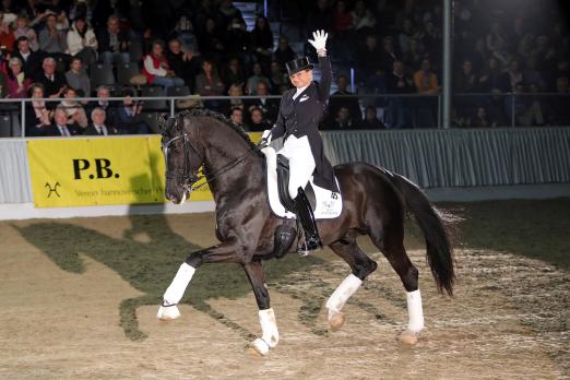 Foto: Sezuan v. Blue Hors Zack (Hengststation Peterhof) mit Mannschafts-Olympiasiegerin Dorothee Schneider war im Hengstlot der PB-Schau 2016 zu sehen - Fotograf: Pantel