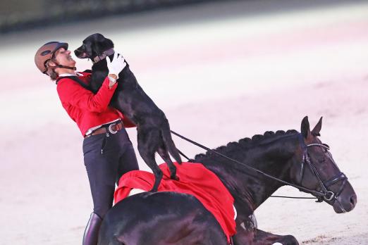 Foto: Schäferin und Tiertrainerin Anne Krüger-Degener bei ihrem Auftritt im Deutsche Bank Stadion bei "Pferd & Sinfonie" 2017 - Fotograf: CHIO Aachen/ Andreas Steindl