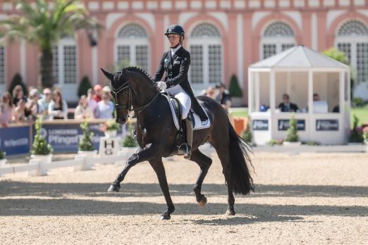 Foto: Dressur vor dem Schloss – auch für heranwachsende Grand Prix-Pferde, die ‚Stars von Morgen‘. Im vergangenen Jahr siegreich: Ingrid Klimke mit SAP Freudentänzer - Fotograf: www.tomspic.de
