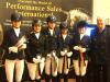 Foto: Siegerehrung der ersten Abteilung Pony FEI: v.l. Laura-Franziska Riegel, Romy Allard, Anna Schölermann, Lena Bücker, Luisa Köllner und Richter Klaus Harms - Fotograf: ADC