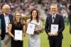 Foto: Vorjahressiegerin Juliane Barth mit den Platzierten Lia Beckmann und Jan Tönjes - Fotograf: CHIO Aachen/ Jasmin Metzner